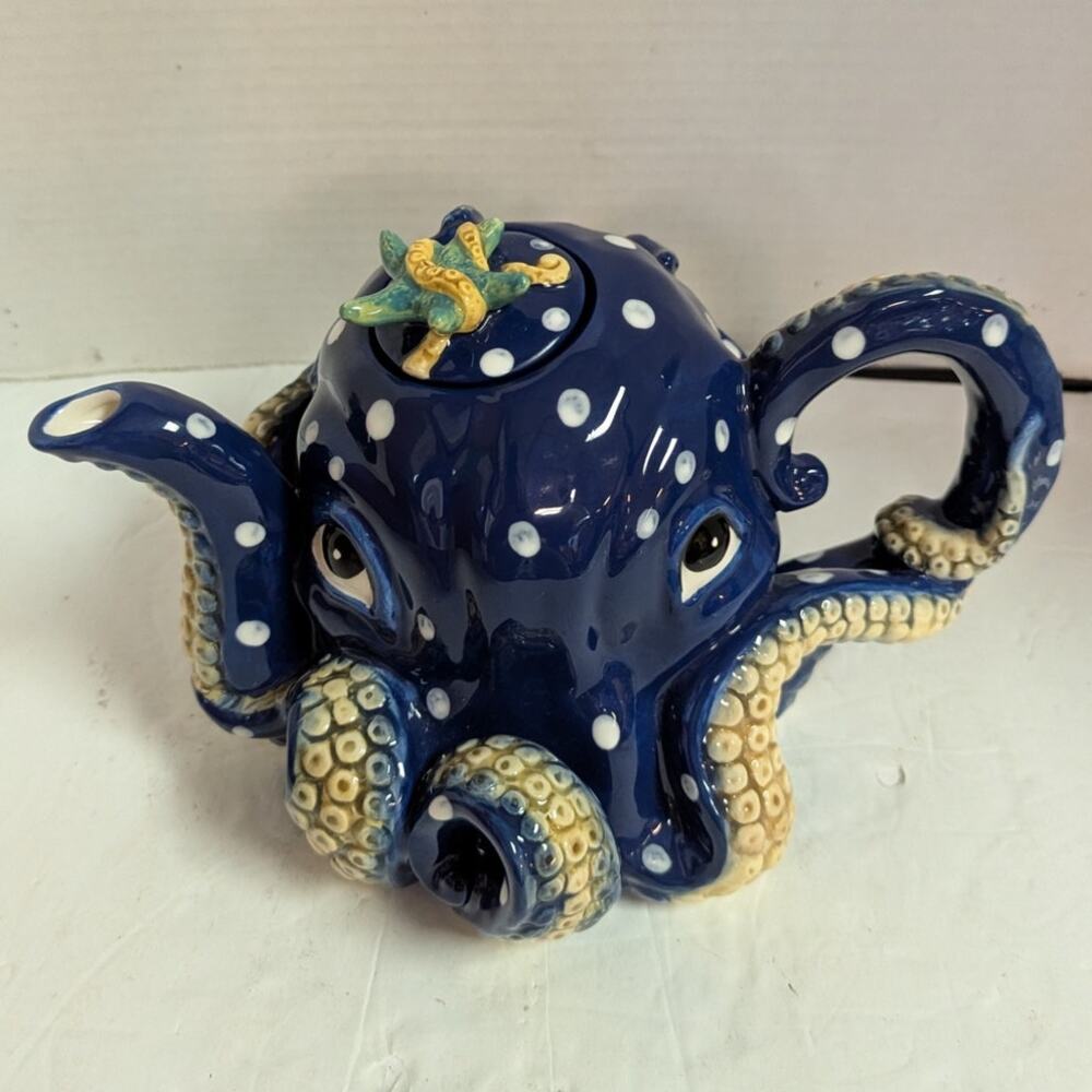 Blue Sky Claywork Blue Octopus Ceramic Teapot Polka Dot Nautical Coastal Novelty - Picture 3 of 8